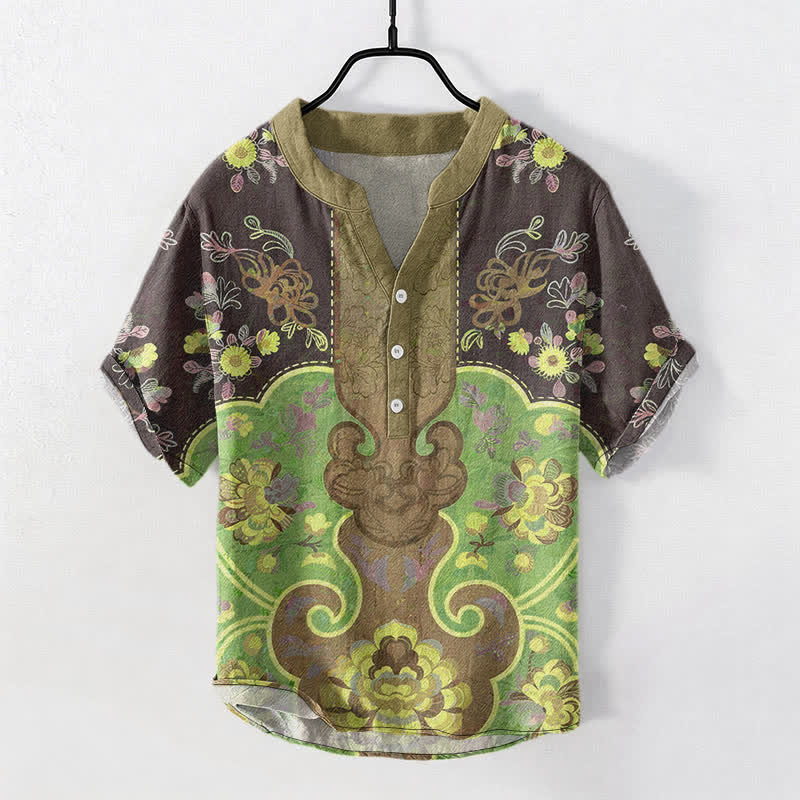 Buddha Stones Camisa de manga corta con medio botón y estampado floral barroco de algodón para hombre - Aceituna - US/UK/AU50, EU60 (5XL) - image 5