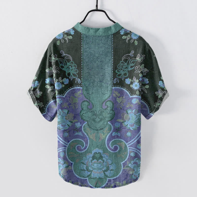 Buddha Stones Camisa de manga corta con medio botón y estampado floral barroco de algodón para hombre - image 8