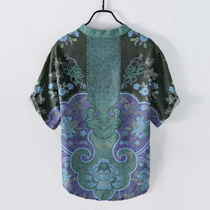 Buddha Stones Camisa de manga corta con medio botón y estampado floral barroco de algodón para hombre - image 8
