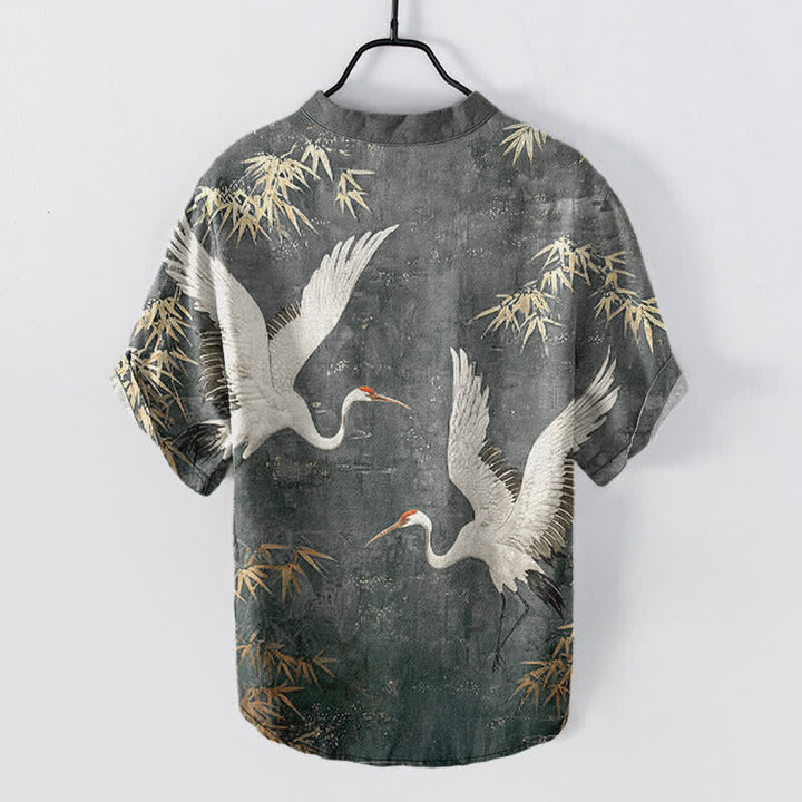 Buddha Stones Camisa de manga corta con medio botón y estampado de grullas de algodón para hombre - image 6