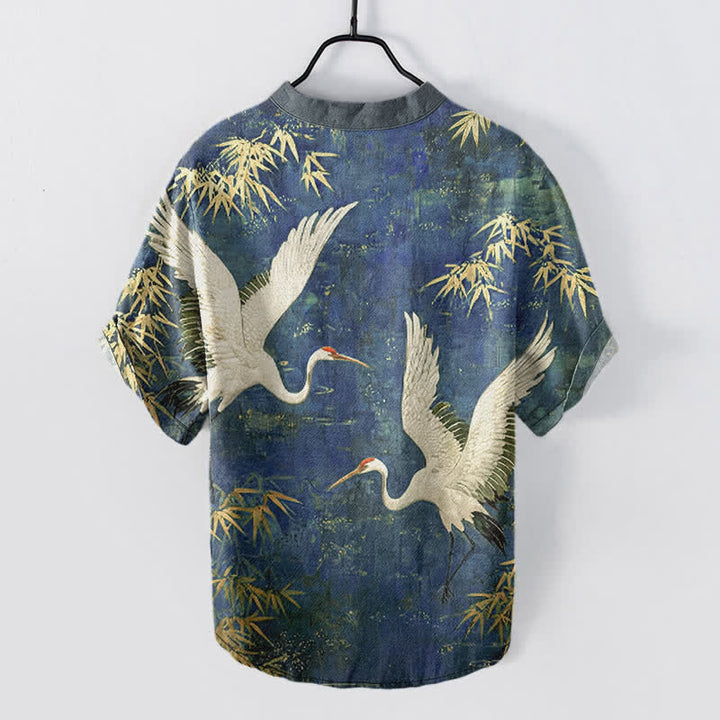 Buddha Stones Camisa de manga corta con medio botón y estampado de grullas de algodón para hombre - image 8