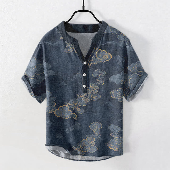 Buddha Stones Camisa de manga corta con medio botón para hombre, de algodón, con estampado de nubes auspiciosas. - Marina de guerra - US/UK/AU50, EU60 (5XL) - image 0