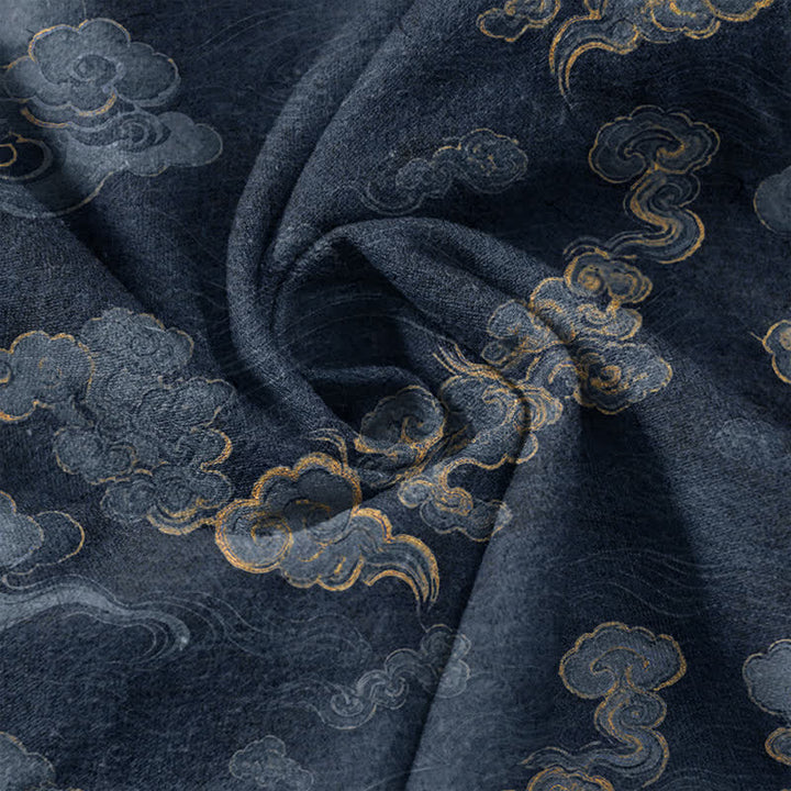 Buddha Stones Camisa de manga corta con medio botón para hombre, de algodón, con estampado de nubes auspiciosas. - image 4