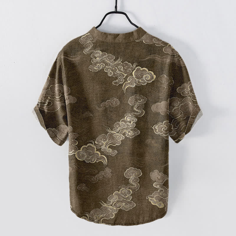 Buddha Stones Camisa de manga corta con medio botón para hombre, de algodón, con estampado de nubes auspiciosas. - image 6