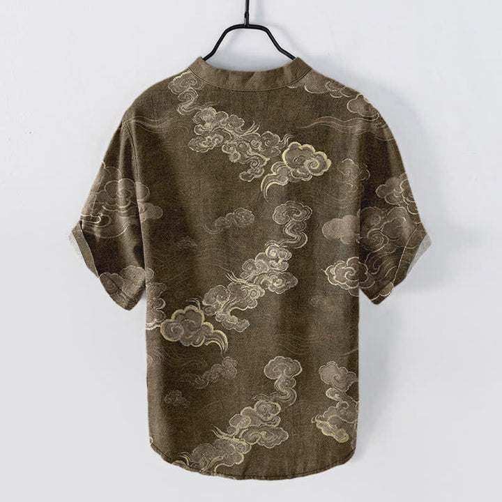 Buddha Stones Camisa de manga corta con medio botón para hombre, de algodón, con estampado de nubes auspiciosas. - image 6