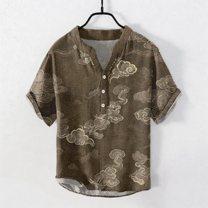 Buddha Stones Camisa de manga corta con medio botón para hombre, de algodón, con estampado de nubes auspiciosas. - Marrón silla de montar - US/UK/AU50, EU60 (5XL) - image 5
