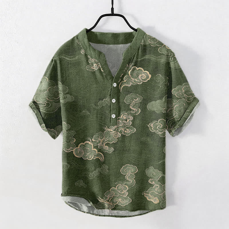 Buddha Stones Camisa de manga corta con medio botón para hombre, de algodón, con estampado de nubes auspiciosas. - Verde oliva - US/UK/AU50, EU60 (5XL) - image 7