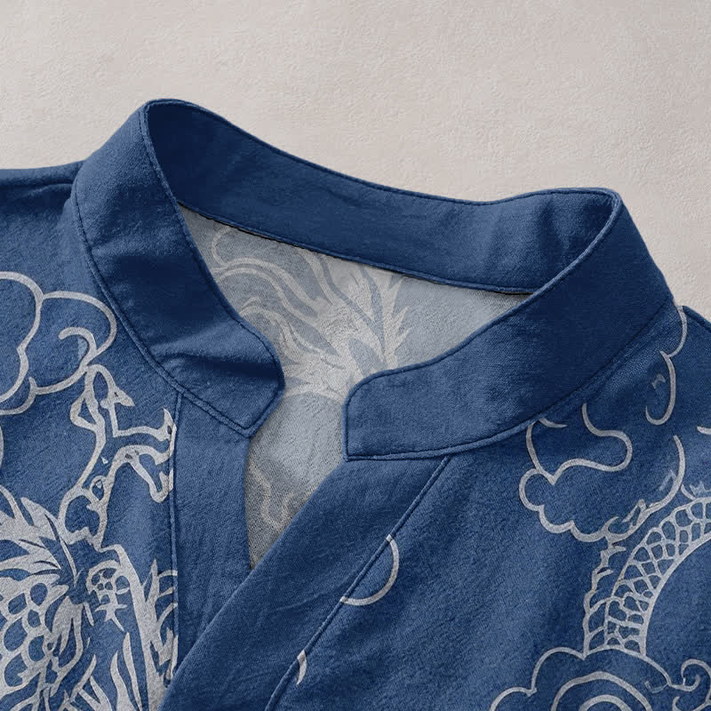 Buddha Stones Camisa de manga corta con medio botón para hombre, de algodón blanco con estampado de nube de dragón. - image 2