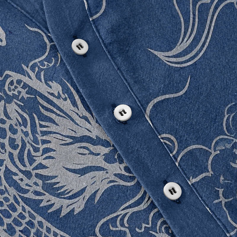 Buddha Stones Camisa de manga corta con medio botón para hombre, de algodón blanco con estampado de nube de dragón. - image 3