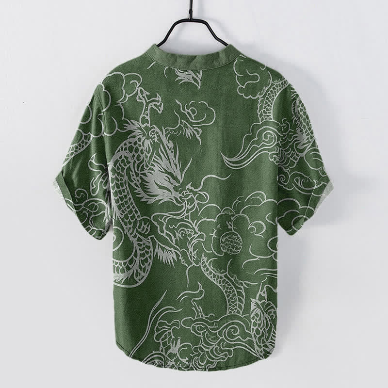 Buddha Stones Camisa de manga corta con medio botón para hombre, de algodón blanco con estampado de nube de dragón. - image 6