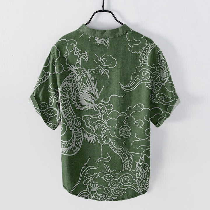 Buddha Stones Camisa de manga corta con medio botón para hombre, de algodón blanco con estampado de nube de dragón. - image 6