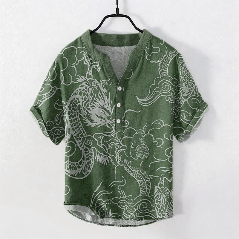 Buddha Stones Camisa de manga corta con medio botón para hombre, de algodón blanco con estampado de nube de dragón. - Verde bosque - US/UK/AU50, EU60 (5XL) - image 5