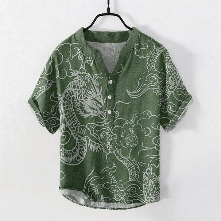 Buddha Stones Camisa de manga corta con medio botón para hombre, de algodón blanco con estampado de nube de dragón. - Verde bosque - US/UK/AU50, EU60 (5XL) - image 5
