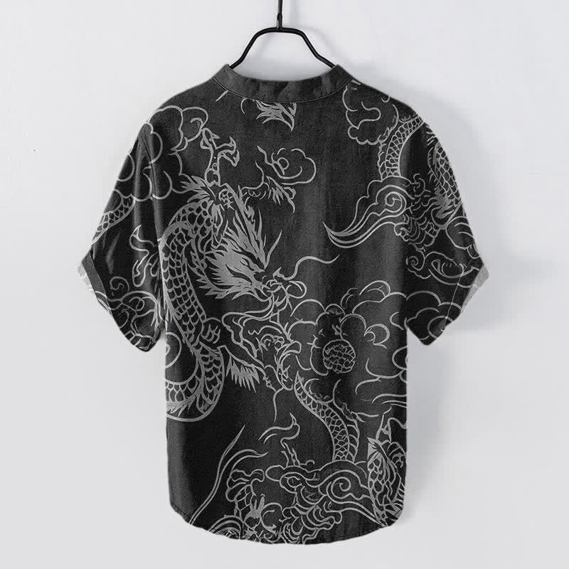 Buddha Stones Camisa de manga corta con medio botón para hombre, de algodón blanco con estampado de nube de dragón. - image 8