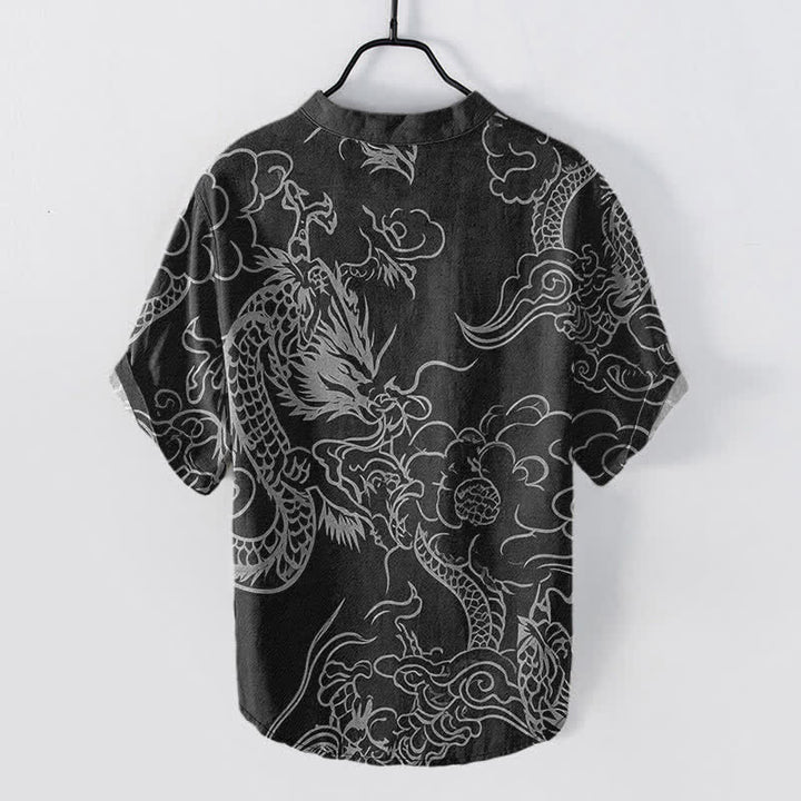 Buddha Stones Camisa de manga corta con medio botón para hombre, de algodón blanco con estampado de nube de dragón. - image 8