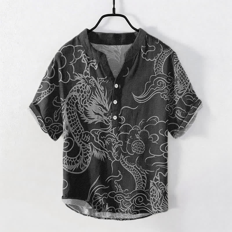Buddha Stones Camisa de manga corta con medio botón para hombre, de algodón blanco con estampado de nube de dragón. - Negro - US/UK/AU50, EU60 (5XL) - image 7