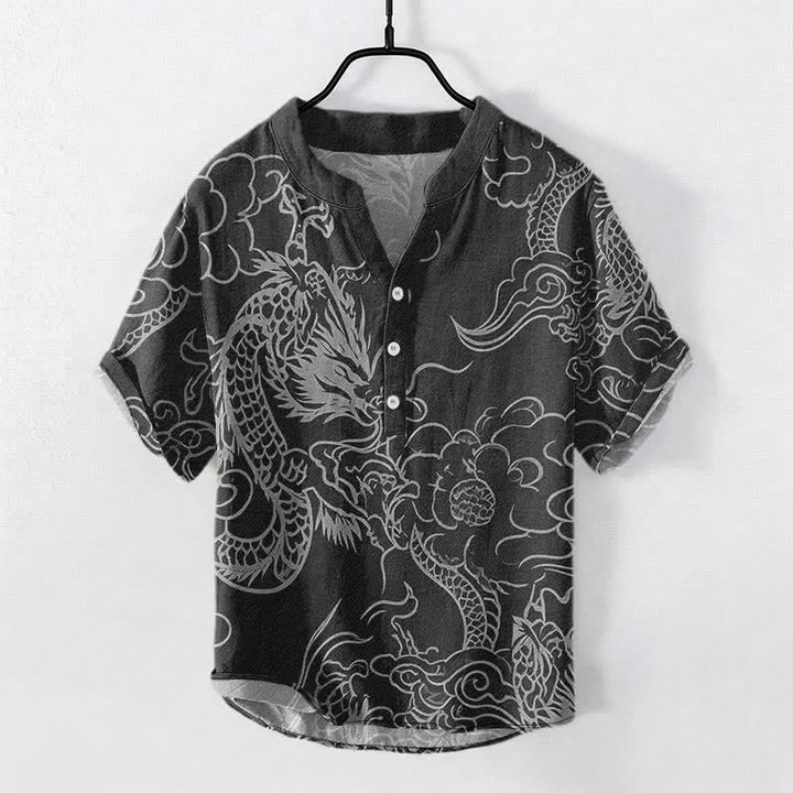 Buddha Stones Camisa de manga corta con medio botón para hombre, de algodón blanco con estampado de nube de dragón. - Negro - US/UK/AU50, EU60 (5XL) - image 7