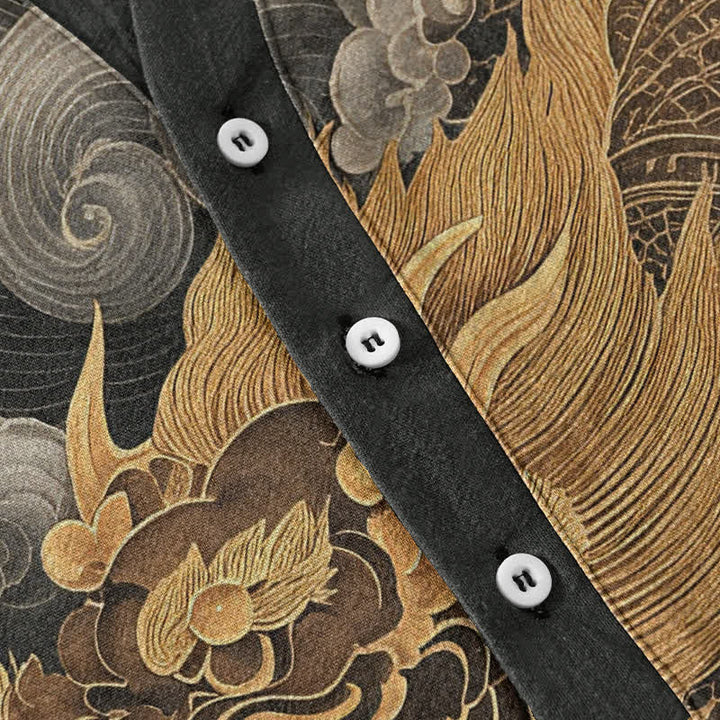 Buddha Stones Camisa de manga corta con medio botón y estampado de dragón dorado de algodón para hombre - image 3