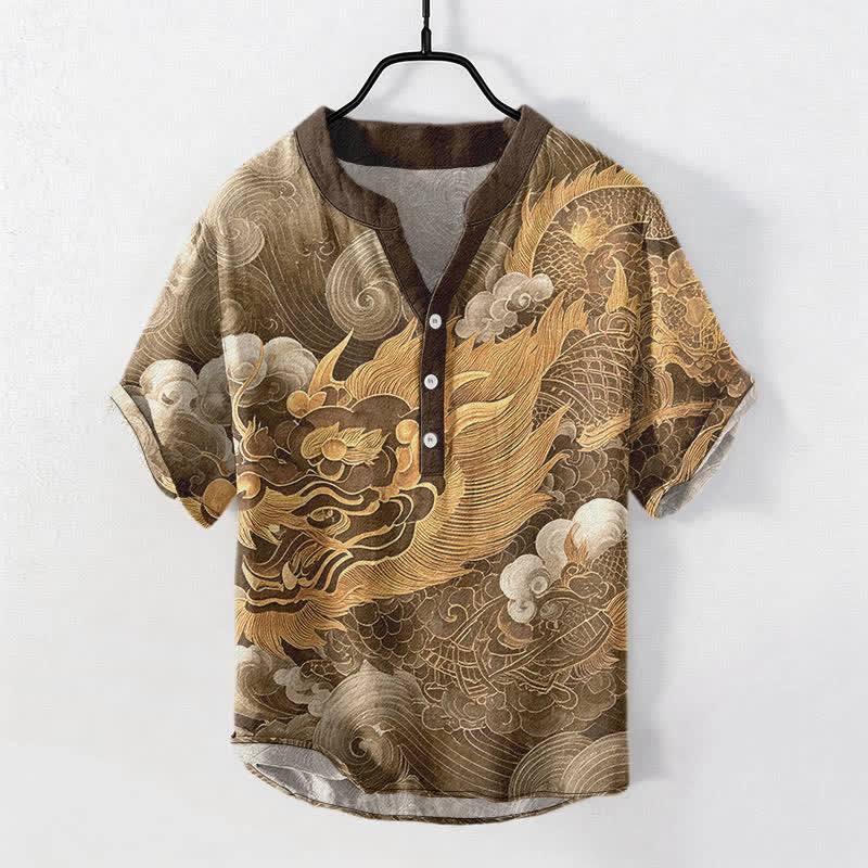 Buddha Stones Camisa de manga corta con medio botón y estampado de dragón dorado de algodón para hombre - Marrón silla de montar - US/UK/AU50, EU60 (5XL) - image 5