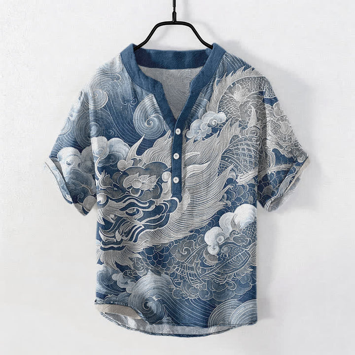 Buddha Stones Camisa de manga corta con medio botón y estampado de dragón dorado de algodón para hombre - Azul acero - US/UK/AU50, EU60 (5XL) - image 7