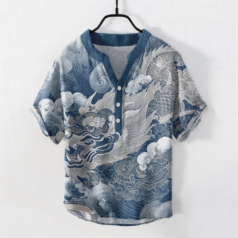 Buddha Stones Camisa de manga corta con medio botón y estampado de dragón dorado de algodón para hombre - image 8