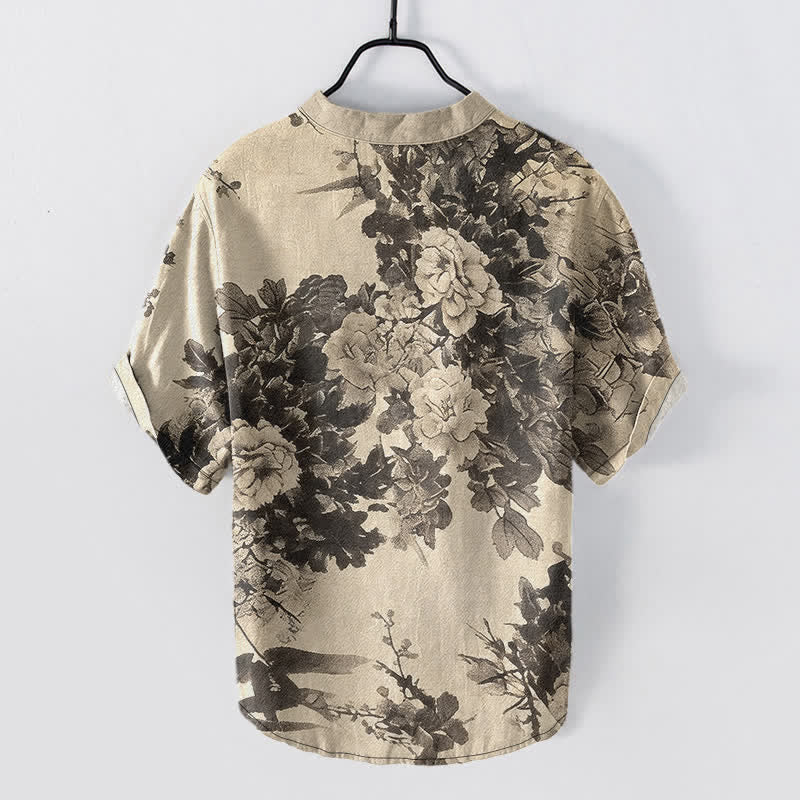 Buddha Stones Camisa de manga corta con medio botón y estampado floral de Cotton Ink para hombre - Beige - US/UK/AU50, EU60 (5XL) - image 0