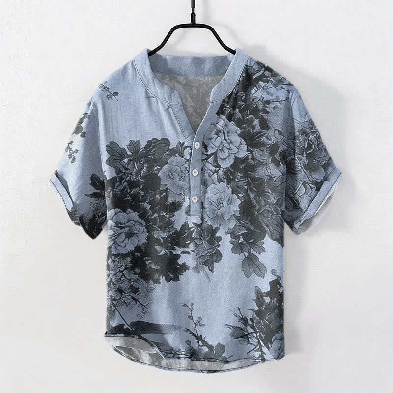 Buddha Stones Camisa de manga corta con medio botón y estampado floral de Cotton Ink para hombre - Azul acero claro - US/UK/AU50, EU60 (5XL) - image 5