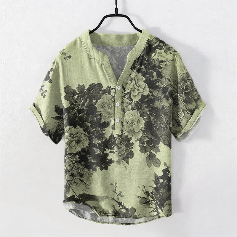 Buddha Stones Camisa de manga corta con medio botón y estampado floral de Cotton Ink para hombre - Verde pálido - US/UK/AU50, EU60 (5XL) - image 7