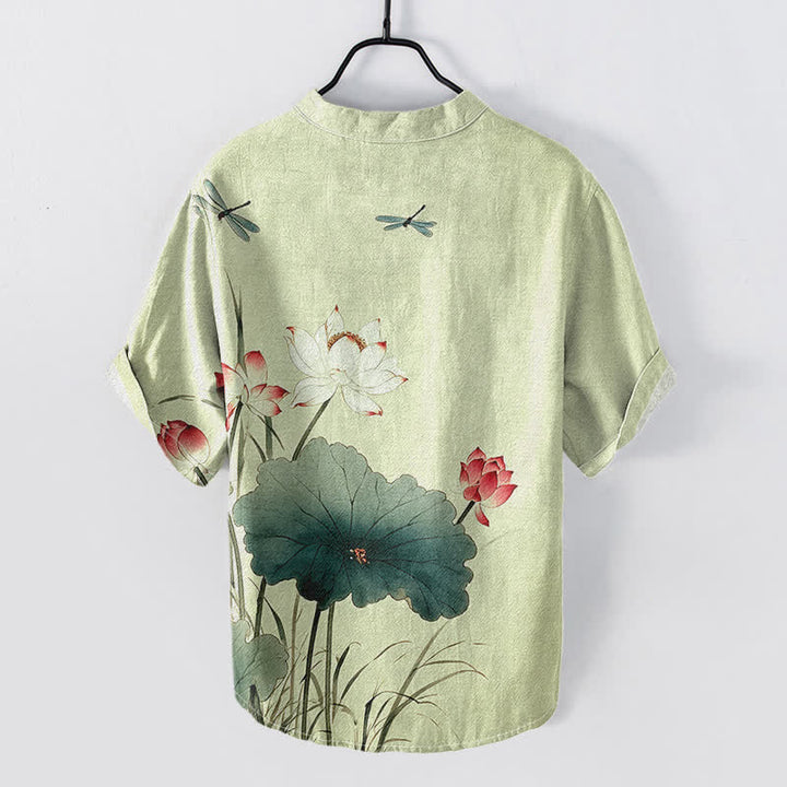 Buddha Stones Camisa de manga corta con medio botón para hombre, de algodón, con estampado de libélulas y loto. - image 6