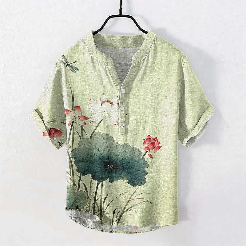 Buddha Stones Camisa de manga corta con medio botón para hombre, de algodón, con estampado de libélulas y loto. - Verde pálido - US/UK/AU50, EU60 (5XL) - image 5
