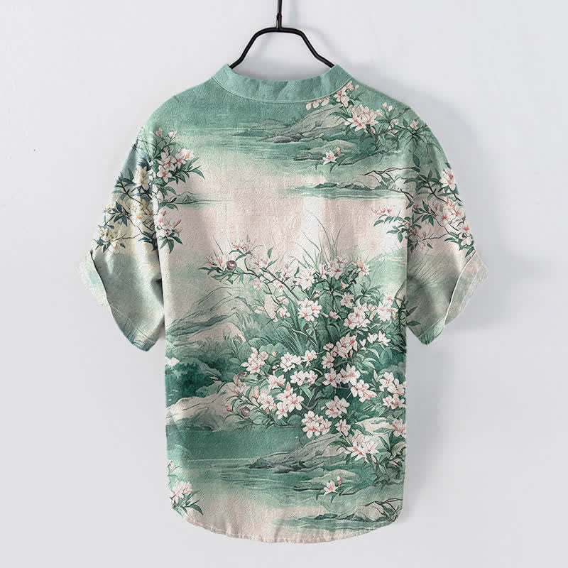 Buddha Stones Camisa de manga corta con medio botón y estampado floral de algodón para hombre. - image 4