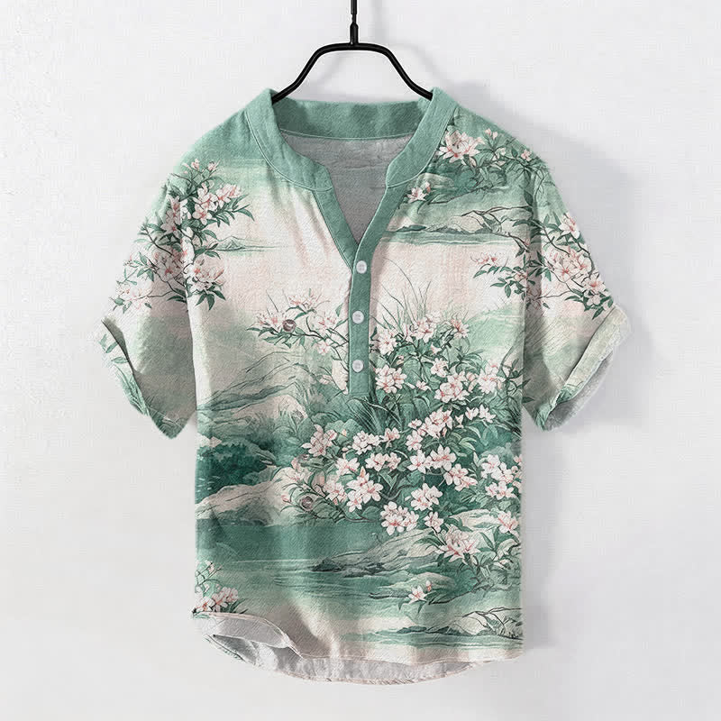 Buddha Stones Camisa de manga corta con medio botón y estampado floral de algodón para hombre. - Verde claro - US/UK/AU50, EU60 (5XL) - image 3