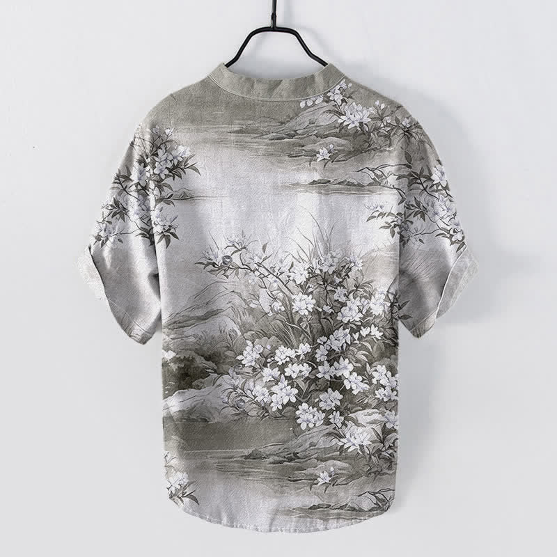 Buddha Stones Camisa de manga corta con medio botón y estampado floral de algodón para hombre. - image 6