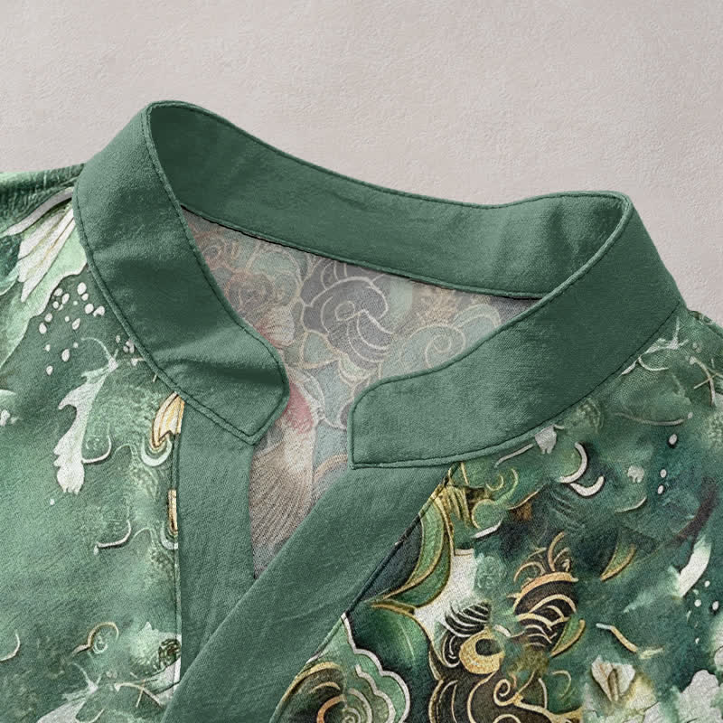 Buddha Stones Camisa de manga corta con medio botón para hombre, de algodón, con estampado de olas y peces koi. - image 2