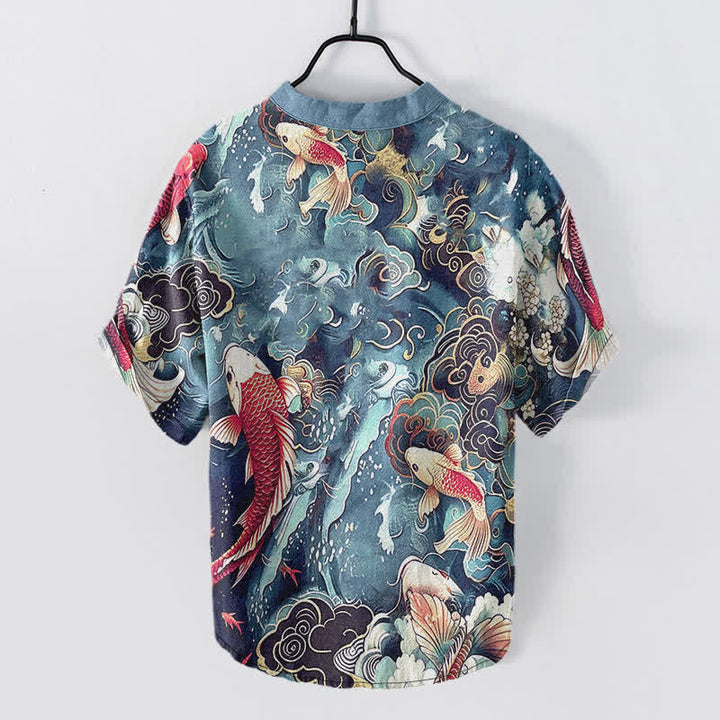 Buddha Stones Camisa de manga corta con medio botón para hombre, de algodón, con estampado de olas y peces koi. - image 6