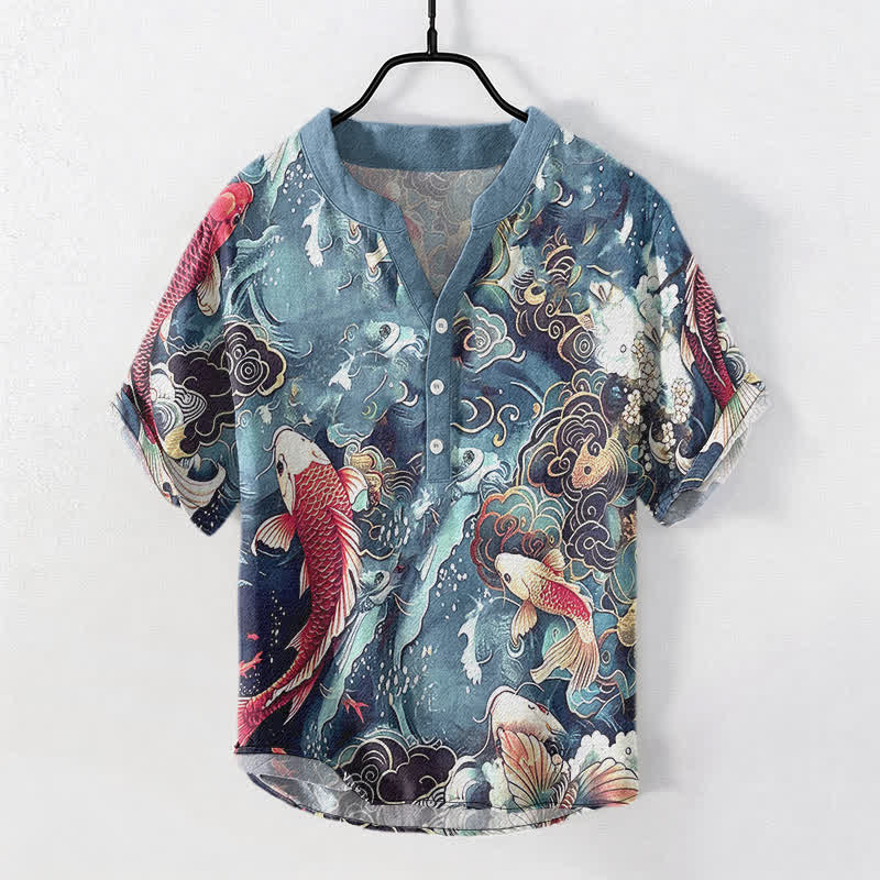 Buddha Stones Camisa de manga corta con medio botón para hombre, de algodón, con estampado de olas y peces koi. - Turquesa - US/UK/AU50, EU60 (5XL) - image 5