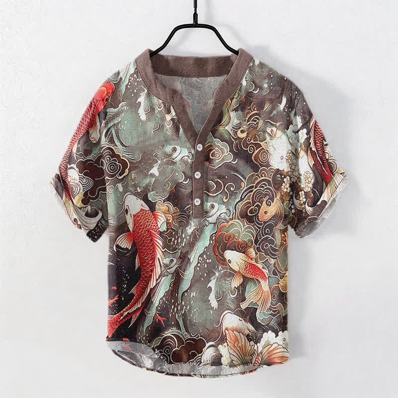 Buddha Stones Camisa de manga corta con medio botón para hombre, de algodón, con estampado de olas y peces koi. - Tierra de siena - US/UK/AU50, EU60 (5XL) - image 7