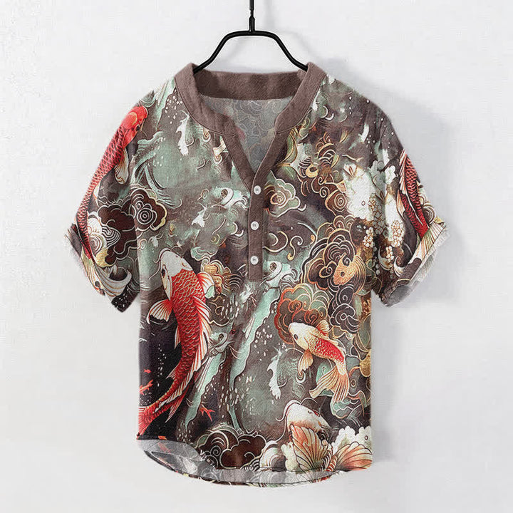 Buddha Stones Camisa de manga corta con medio botón para hombre, de algodón, con estampado de olas y peces koi. - Tierra de siena - US/UK/AU50, EU60 (5XL) - image 7