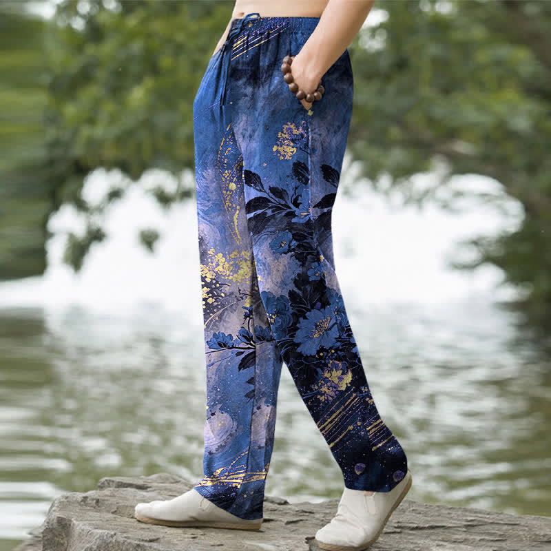 Buddha Stones Pantalones de hombre de algodón con estampado floral de estrellas, corte ajustado y bolsillos. - image 1