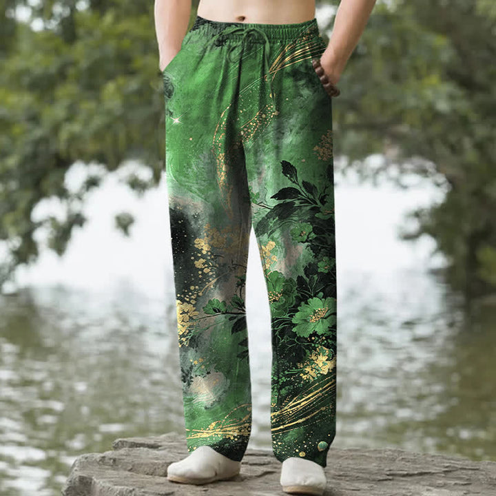 Buddha Stones Pantalones de hombre de algodón con estampado floral de estrellas, corte ajustado y bolsillos. - Verde bosque - US/UK/AU50, EU60 (5XL) - image 4