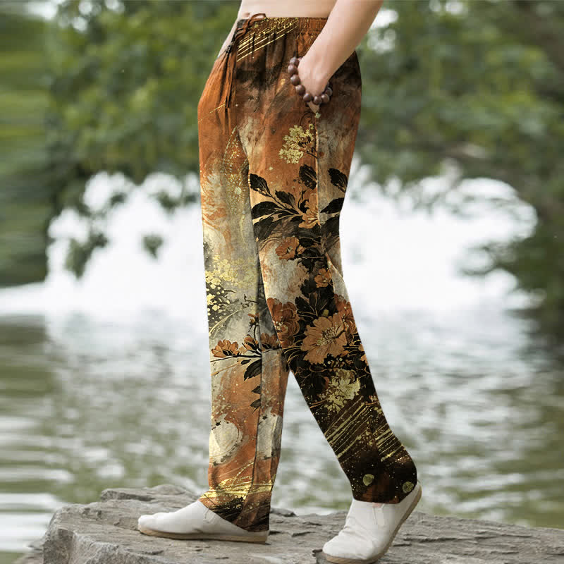 Buddha Stones Pantalones de hombre de algodón con estampado floral de estrellas, corte ajustado y bolsillos. - image 9