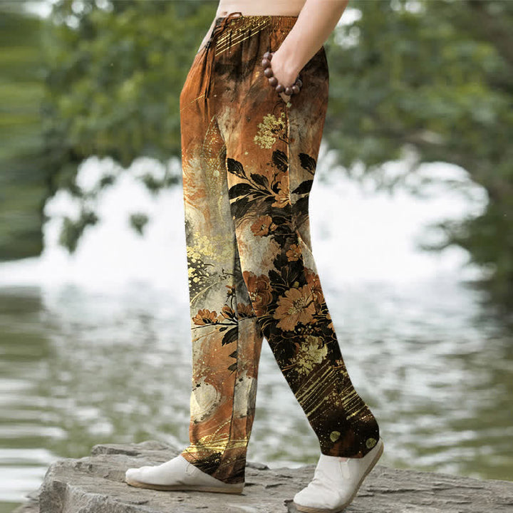 Buddha Stones Pantalones de hombre de algodón con estampado floral de estrellas, corte ajustado y bolsillos. - image 9