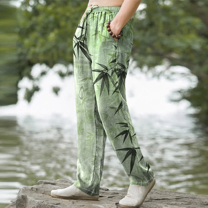 Buddha Stones Pantalones de hombre de algodón con estampado de hojas de bambú y corte ajustado, con bolsillos. - image 1