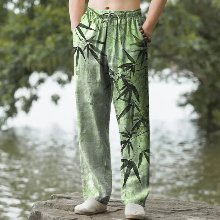Buddha Stones Pantalones de hombre de algodón con estampado de hojas de bambú y corte ajustado, con bolsillos. - Verde pálido - US/UK/AU50, EU60 (5XL) - image 0