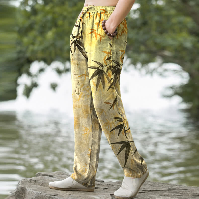 Buddha Stones Pantalones de hombre de algodón con estampado de hojas de bambú y corte ajustado, con bolsillos. - image 5