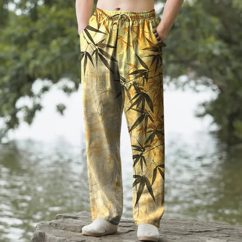 Buddha Stones Pantalones de hombre de algodón con estampado de hojas de bambú y corte ajustado, con bolsillos. - Oro - US/UK/AU50, EU60 (5XL) - image 4