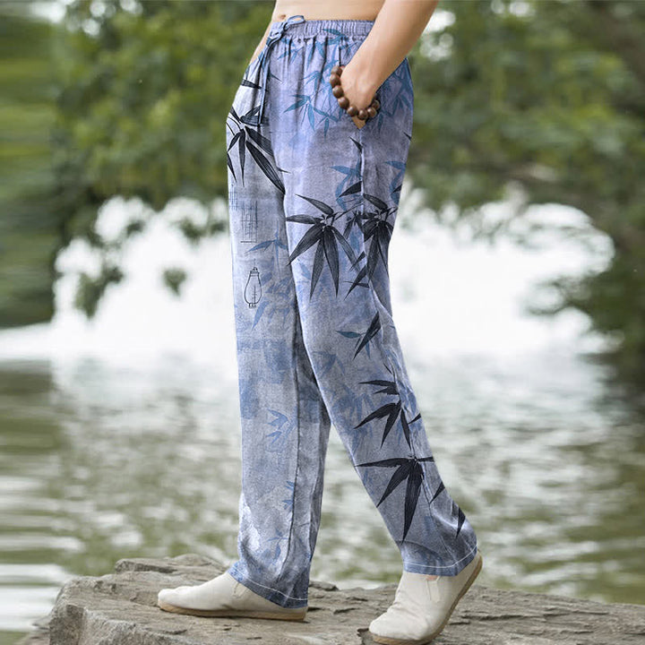 Buddha Stones Pantalones de hombre de algodón con estampado de hojas de bambú y corte ajustado, con bolsillos. - image 9