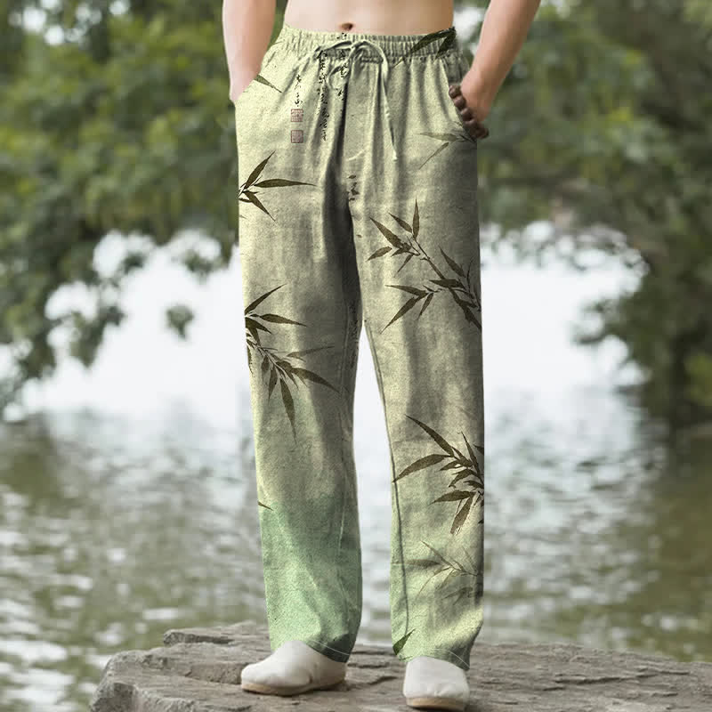 Buddha Stones Pantalones de hombre de algodón con estampado de hojas de bambú y corte ajustado, con bolsillos. - Verde mar oscuro - US/UK/AU50, EU60 (5XL) - image 4