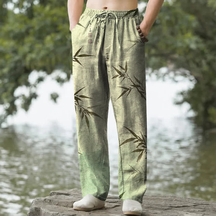 Buddha Stones Pantalones de hombre de algodón con estampado de hojas de bambú y corte ajustado, con bolsillos. - Verde mar oscuro - US/UK/AU50, EU60 (5XL) - image 4