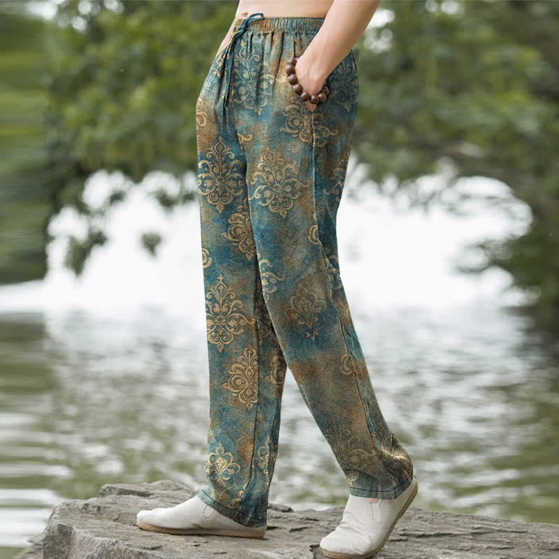 Buddha Stones Pantalones de hombre de algodón con estampado barroco vintage, corte ajustado y bolsillos. - image 1